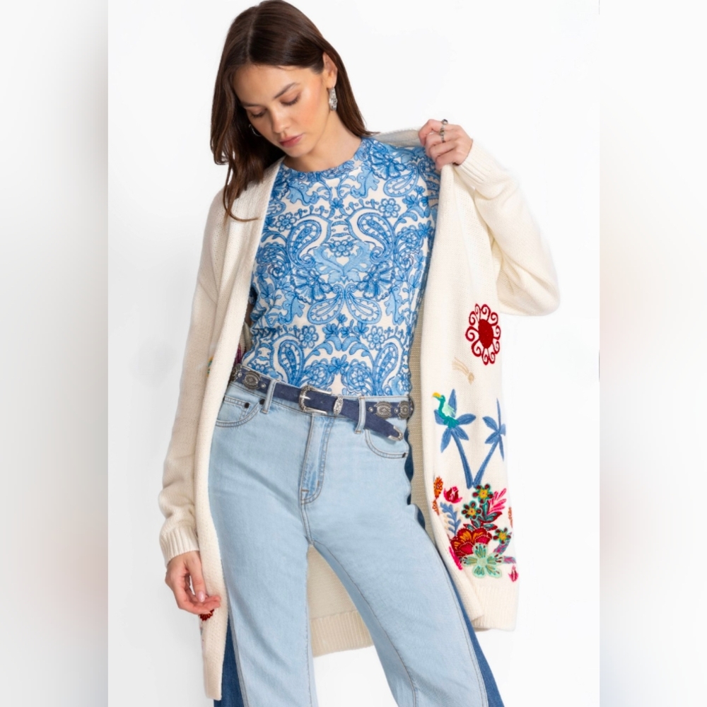 Johnny Was ELEANOR SHORT SLEEVE MESH TEE Size Small Fully Embroidered